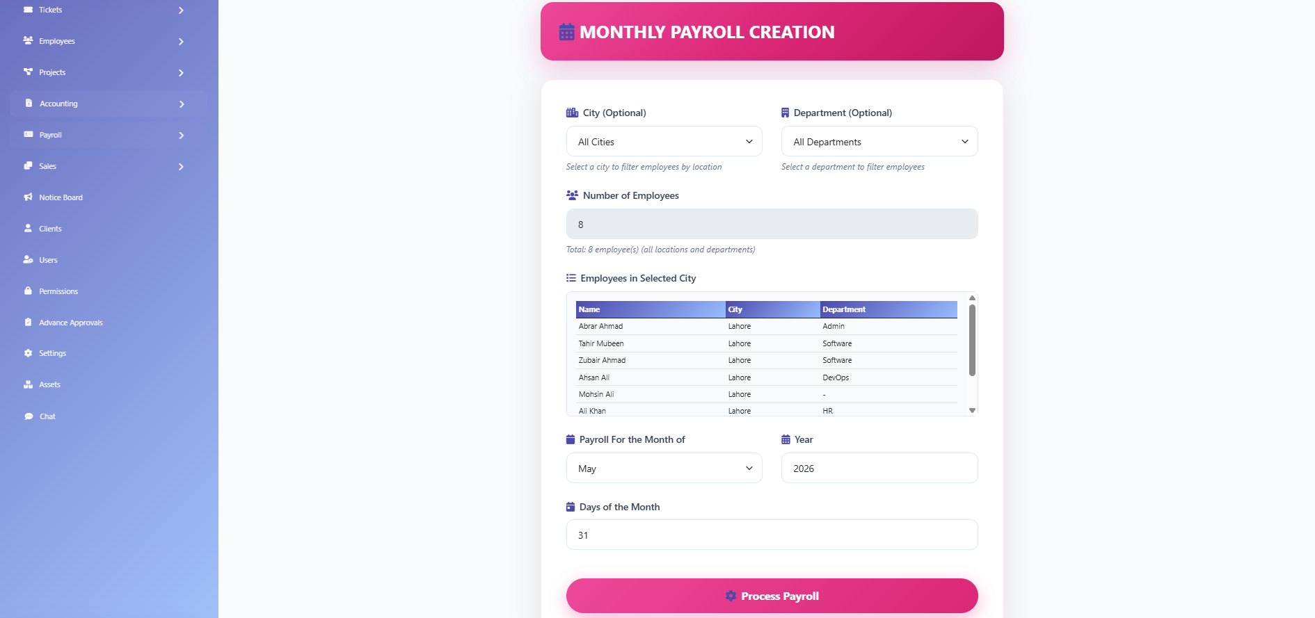 Payroll workspace in SBS HRM